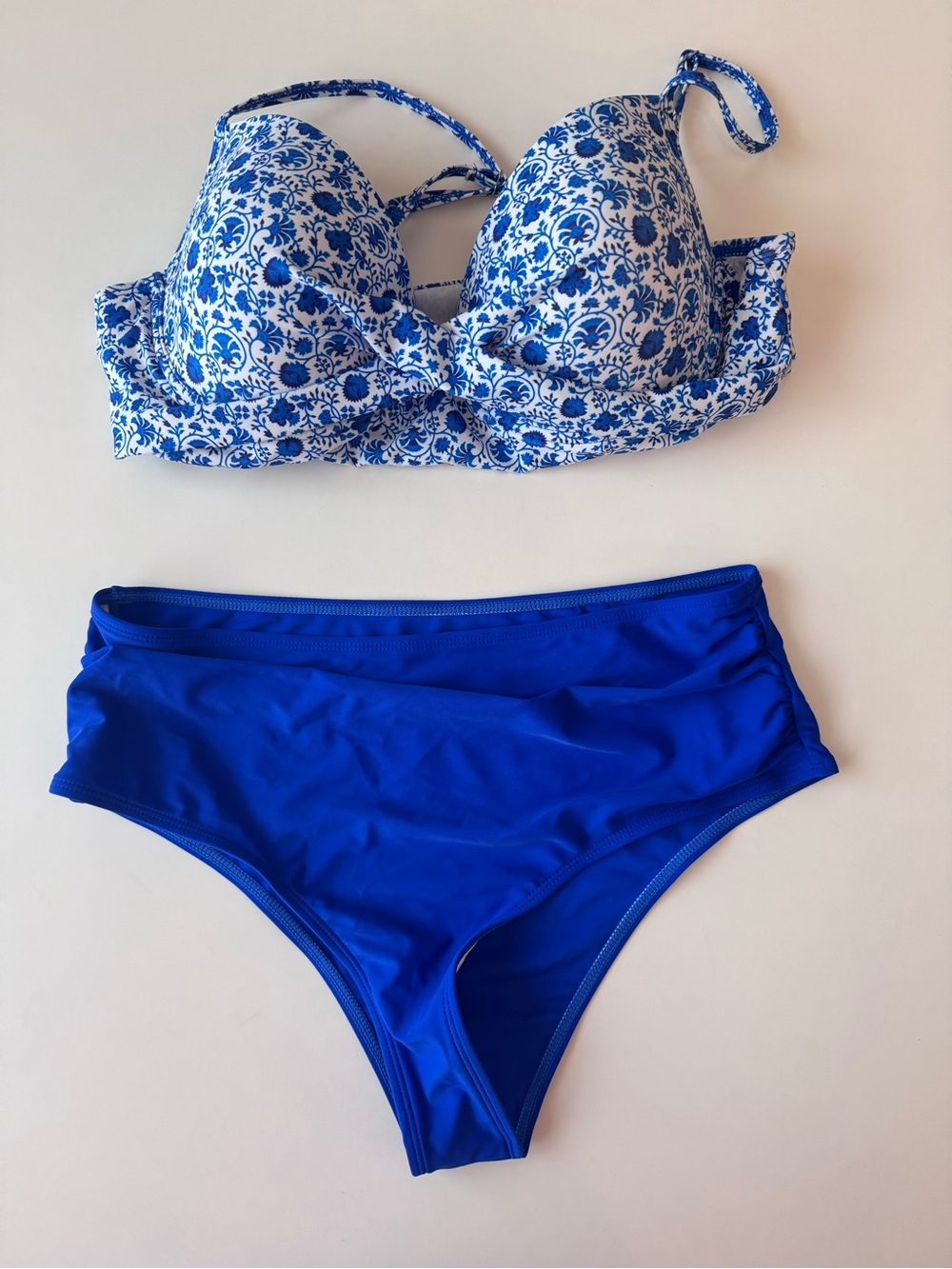 Blue Floral Bikini Top with Solid Royal Blue Bottoms